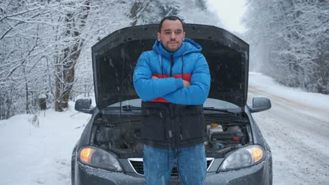Sad man standing near the broken car. Opened the hood road help repair stress Stock Footage 147408335