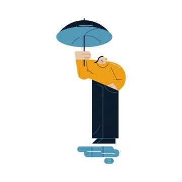 Sad man standing with umbrella and looking at puddles during rain Stock Illustration