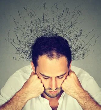 Sad man with stressed face expression brain melting into lines Stock Photos