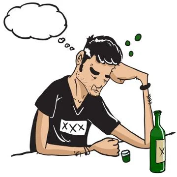 Sad man with thought bubble drinking isolated on white Stock Illustration
