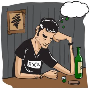 Sad man with thought bubble drinking Stock Illustration