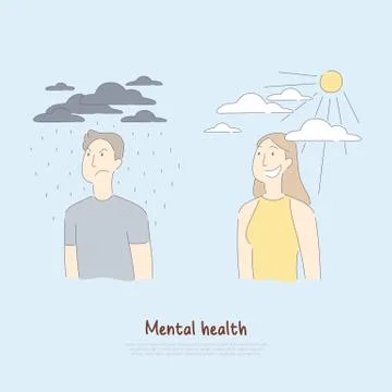 Sad man under raining clouds and happy woman, psychology, medical assistance, Stock Illustration