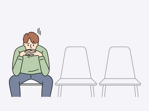 Sad man is waiting for start of interview, sitting in office corridor with empty Stock Illustration