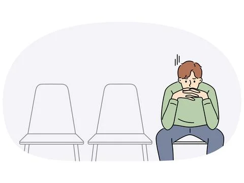 Sad man is waiting for start of interview, sitting in office corridor with empty Illustrazione stock