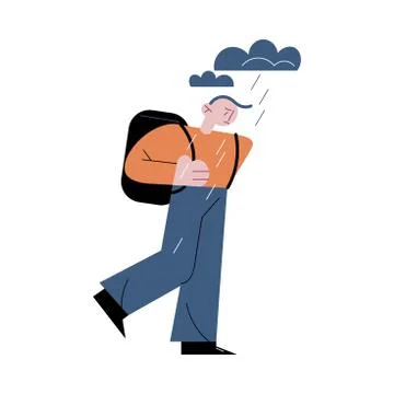 Sad man walking under rain and suffering from depression Stock Illustration