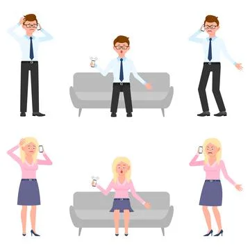 Sad, miserable, surprised, amazed, angry, shouting office man and woman Stock Illustration