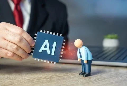 A sad office worker can be replaced with AI tools. Training in the use of art Stock Photos