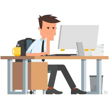 Sad office worker at computer vector isolated on white Illustrazione stock