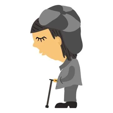 Sad old blind man in a gray striped cap with a visor, closed eyes in a coat with Stock Illustration