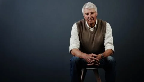 Sad, old man and thinking in studio with contemplation, remember past and r.. Stock Photos