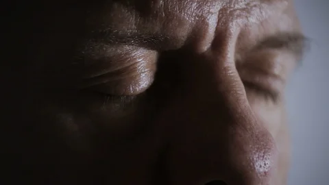 Sad Old Man Opens Eyes: Depressed Elderly, Lonely Man Stock Footage 100882888