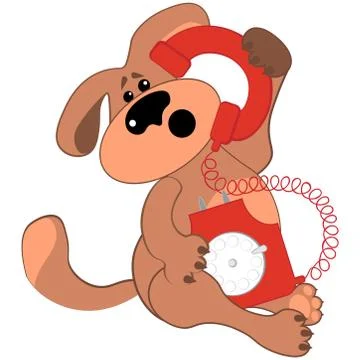Sad or puzzled dog talking on a rare red phone. Stock Illustration