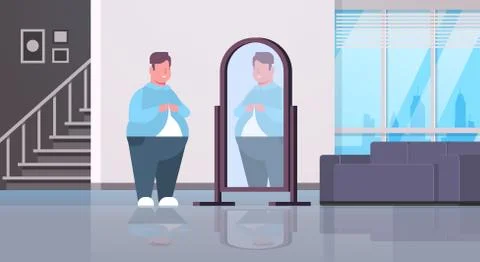 Sad overweight man looking at himself reflection in mirror over size guy 스톡 일러스트