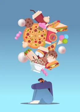 Sad overweight man thinking about junk food unhealthy nutrition junkfood Stock Illustration