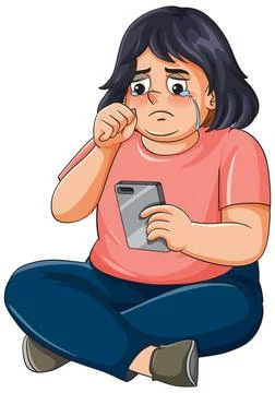 Sad Overweight Woman Crying While Looking at Her Smartphone Screen Stock Illustration