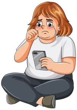 Sad Overweight Woman Crying While Looking at Her Smartphone Screen Stock Illustration