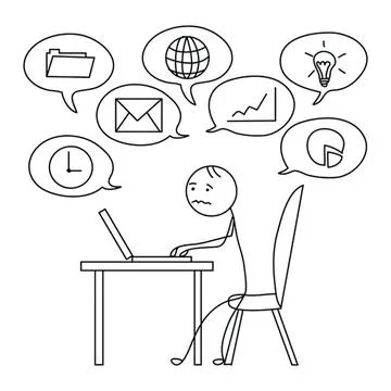 Sad person working at desk with multiple thought bubbles Иллюстрация