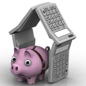 Sad pig-piggy bank in the house of electronic calculators Stock Illustration