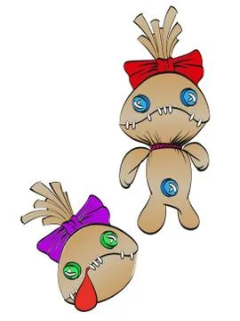 A sad rag doll with a bow on his head and dead doll's head. Vector illustrati Stock Illustration
