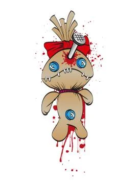 A sad rag doll with a bow on his head nailed to the wall. Blood Spots. Vector Stock Illustration