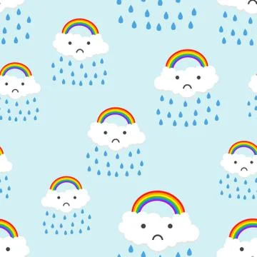 Sad rainbow emotion with clouds seamless pattern background icon. Business fl Stock Illustration