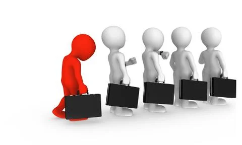 The sad red businessman stands in a queue. 3d illustration. Stock Illustration