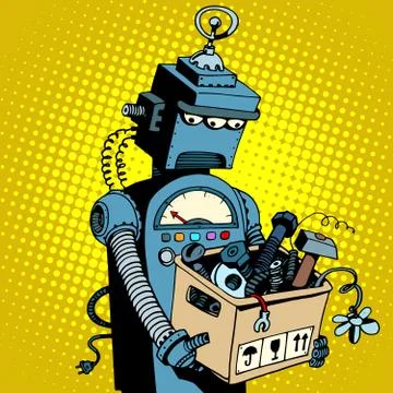 Sad retro robot leaves work Stock Illustration