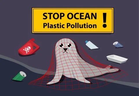 Sad seal stuck plastic net at sea pollution vector Stock Illustration