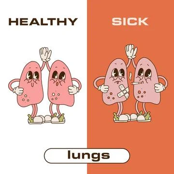 Sad sick lungs character vs healthy one. Vector retro cartoon illustration Stock Illustration