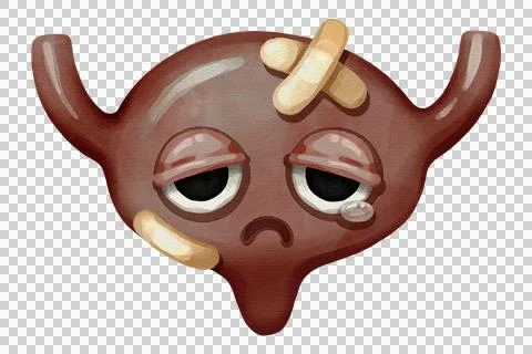 Sad sick urinary bladder cartoon character with bandages and a tear. Hand d.. Ilustração Stock