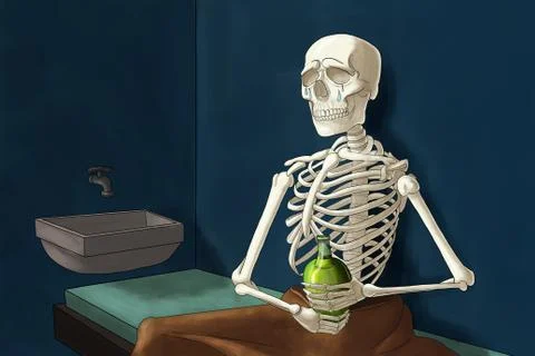 Sad skeleton holding a bottle Stock Illustration