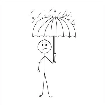 Sad Stick Figure with Umbrella in the Rain Vector Illustration Stock Illustration