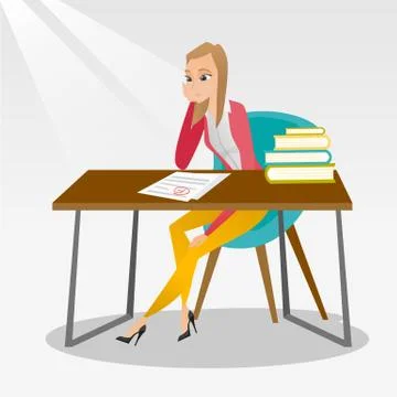 Sad student looking at test paper with bad mark Illustrazione stock