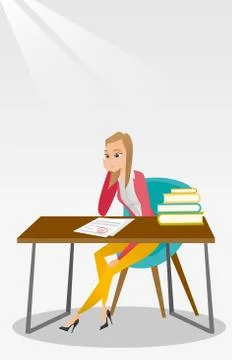Sad student looking at test paper with bad mark Illustrazione stock