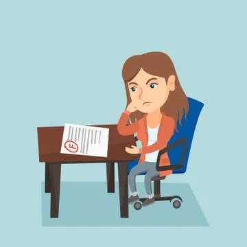 Sad student looking at test paper with bad mark. Illustrazione stock