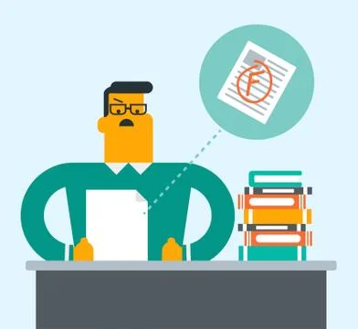 Sad student looking at test paper with bad mark. Illustrazione stock