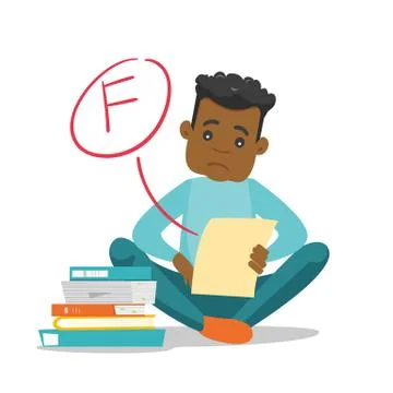 Sad student looking at test paper with bad grade. Illustrazione stock