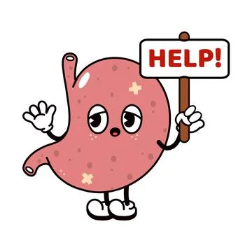 Sad suffering sick cute human stomach organ asks for help character. Vector f Illustrazione stock