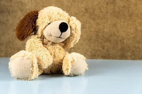 Sad teddy bear on a blue table. Stock Photos