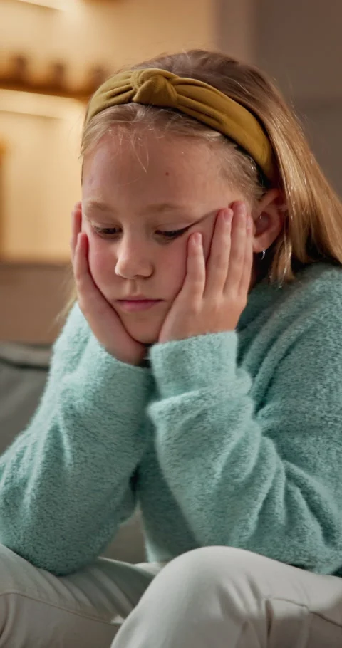 Sad, thinking and child with depression in home, loneliness or remember trauma Stock Footage 341404034