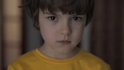 Sad Thinking Curiosity Child Looking at Camera. Face Eyes Serious Contemplative Stock Footage 270452853