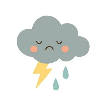 Sad thundercloud with lightning bolt and raindrops, designed for weather icons Stock Illustration