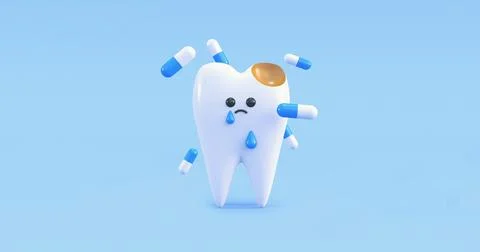 Sad tooth with pills 3d render Stock Illustration