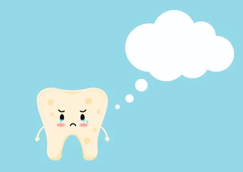 Sad tooth plaque icon with speech bubble cloud shape isolated on blue background Stock Illustration