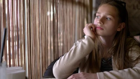 Sad Upset Young Woman Feeling Lonely And Depressed in cafe: Close Up Portrait Stock Footage 166317005