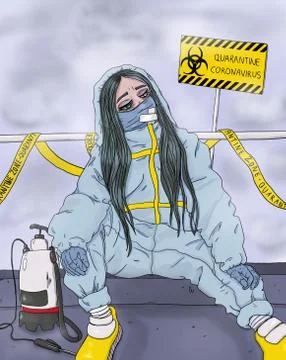 Sad virus and quarantine girl in the dangerous area Stock Illustration
