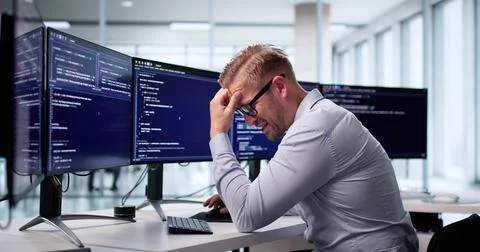 Sad Web Developer Frustrated With Coding In Office, Staring At Screen. Possib Stock Photos