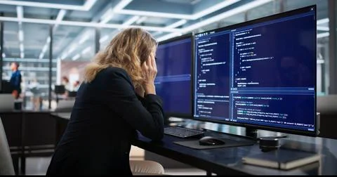 The Sad Web Developer At Her Boring Desk Coding Software 库存照片