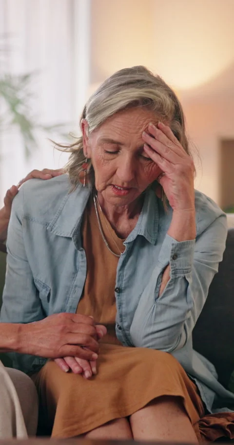 Sad, woman and conversation in home with friends, emotional support and empathy Stock Footage 339153953