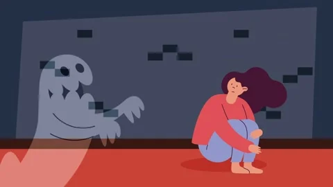 Sad woman sitting on floor while haunted by transparent ghost shadow repres.. Stock Footage 339259246